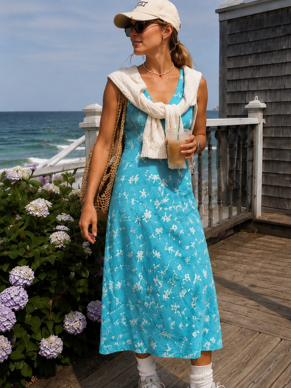 Vintage Fresh Produce Teal Floral Cotton Maxi Dress S 90s y2k Beachcore Coastal